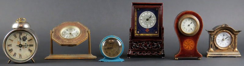 Two (2) Metal Alarm Clocks. One Signed "Westclox Patent: Two (2) Metal Alarm Clocks. One Signed "Westclox Patent Pending 1927". Together with Four Assorted Clocks. One Signed "Westclox". One Signed "Sessions". Some Clocks in Working Condition. Some Scratche