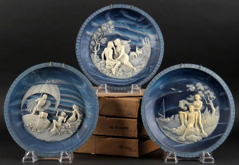 Three (3) Incolay Studios of California Alan Brunettin: Three (3) Incolay Studios of California Alan Brunettin Limited Edition Pate-Sur-Pate Style Commemorative Plates in the "Voyage of Ulysses" Series. 1985. Signed by Artist. One Plate Titled "The Sirens"