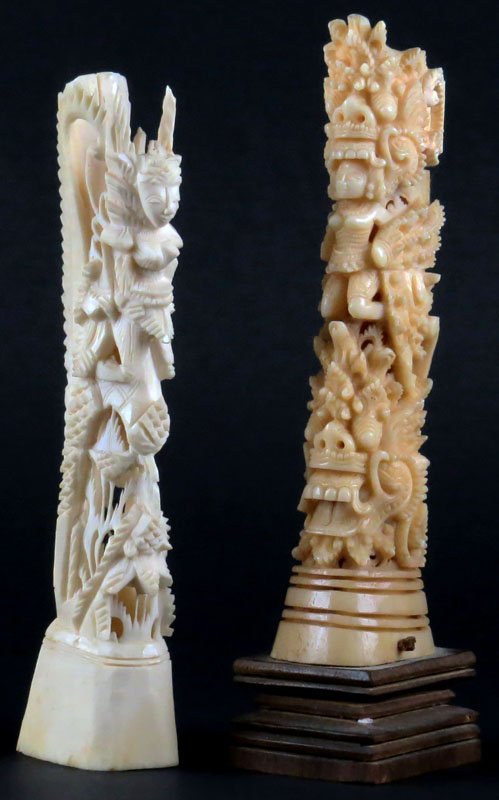 Pair of Far Eastern Bone Totem Figures. One on Wooden: Pair of Far Eastern Bone Totem Figures. One on Wooden Base. Unsigned. Good Condition. Taller Figure Measures 7-3/4 Inches Tall. Shipping $20.00