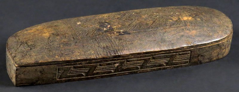 Old Carved Coffin Shaped Wooden Box. Unsigned. Some: Old Carved Coffin Shaped Wooden Box. Unsigned. Some Wear, Discoloration or else Good Condition. Measures 1-1/2 Inches Tall and 8 Inches Long. Shipping $20.00