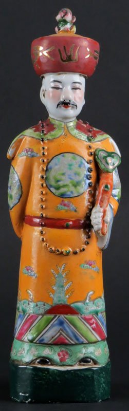 Antique Chinese Porcelain Male Figure with Hat and: Antique Chinese Porcelain Male Figure with Hat and Holding Scepter. Impressed Marks to Base. Good Condition. Measures 11 Inches Tall. Shipping $20.00