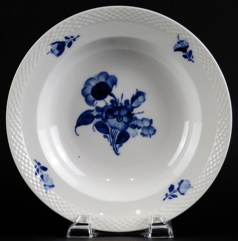 Eight (8) Royal Copenhagen Denmark Porcelain Cereal: Eight (8) Royal Copenhagen Denmark Porcelain Cereal Bowls in the "Blue Flower" Pattern. Signed. Good Condition. Measures 9 Inches Diameter. Shipping $40.00