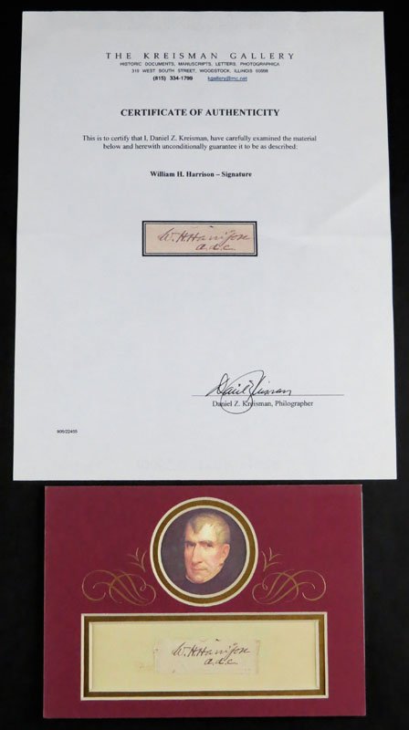 William Henry Harrison (1773â€“1841) 9th President of: William Henry Harrison (1773â€“1841) 9th President of the United States. Cut Signature with Certificate of Authenticity from The Kreisman Gallery, Woodstock, Illinois. Mounted in a Cardboard Stru