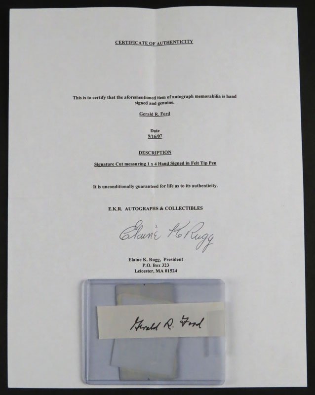 Gerald Ford (1913-2006) 38th President of the United: Gerald Ford (1913-2006) 38th President of the United States Felt Tip Pen Cut Signature with Certificate of Authenticity and Mounted Inside a PSA/DNA Sealed Plastic. Plastic Measures 3 Inches by 4 Inch