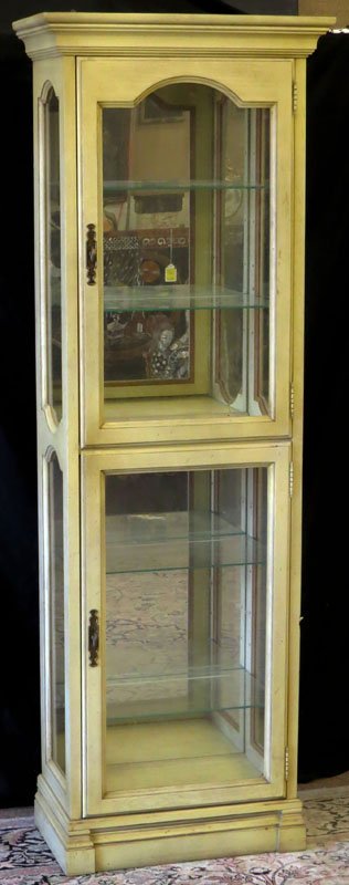 Vintage White Painted Display Cabinet with Glass: Vintage White Painted Display Cabinet with Glass Shelves. Unsigned. Good Condition, Some Stains and Minor Scratching. Measures 72 Inches Tall and 22 Inches Wide. We Will Not Ship This Item In-House Du