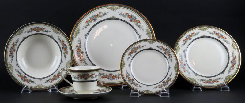 Forty Eight (48) Piece Mintons England Porcelain Dinner: Forty Eight (48) Piece Mintons England Porcelain Dinner Service for Eight (8) in "Stanwood" Pattern with Gilt Trim. Service Includes: 8 Dinner Plates Measuring 10-3/4 Inches Diameter, 8 Salad Plates, 