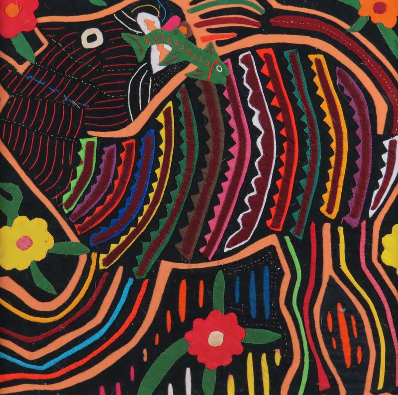 20th Century Framed Hand Made Kuna Tribe Fabric Mola.: 20th Century Framed Hand Made Kuna Tribe Fabric Mola. San Blas Island, Panama. Unsigned. Good Condition. Frame Measures 14-1/4 Inches by 14-1/4 Inches. Shipping $30.00