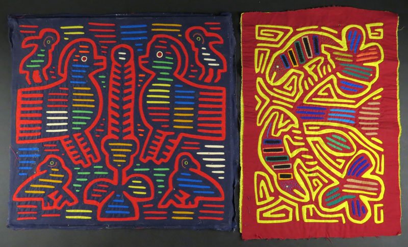 Two (2) 20th Century Hand Made Kuna Tribe Fabric Molas.: Two (2) 20th Century Hand Made Kuna Tribe Fabric Molas. San Blas Island, Panama. Unsigned. Good Condition. Measures 16 Inches by 17 Inches. Shipping $25.00