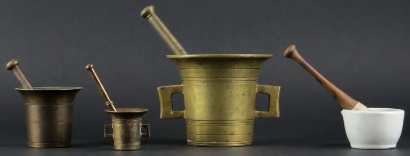 Four (4) Mortar and Pestles of Various Sizes. Primarily: Four (4) Mortar and Pestles of Various Sizes. Primarily Brass. Unsigned. Some Tarnish or else Good Condition. Largest Mortar Measures 4 Inches Tall and 5 Inches Wide. Shipping $