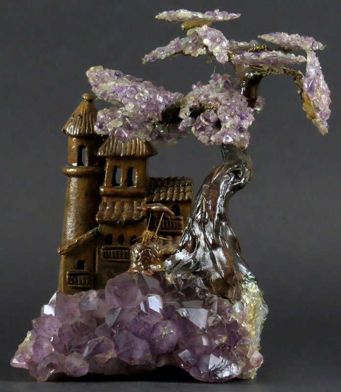 Ceramic Castle with Amethyst Tree. Unsigned. Measures: Ceramic Castle with Amethyst Tree. Unsigned. Measures 8-1/2 Inches Tall and 5-1/4 Inches Wide. Shipping $30.00