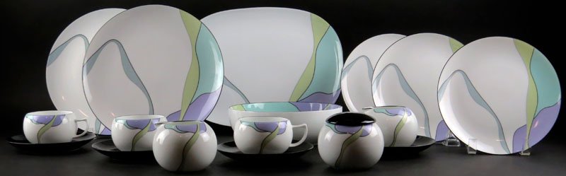 Fourteen (16) Piece Partial Mikasa Porcelain Dinner Ser: Fourteen (16) Piece Partial Mikasa Porcelain Dinner Service in "Lalos Sea Spray" Pattern. Service Includes: 2 Dinner Plates, 2 Salad Plates, 1 Berry Bowl, 2 Creamers, 1 Covered Sugar, 3 Cups and 4 Sau
