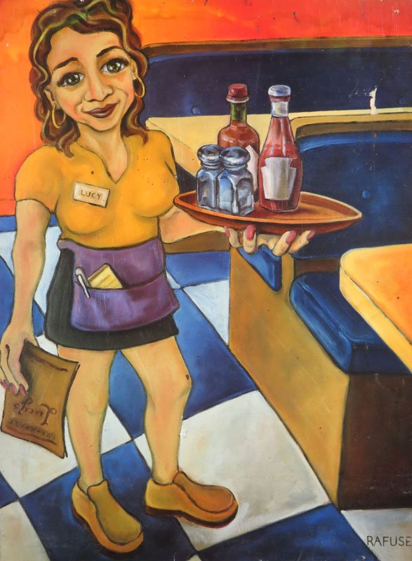 American School Oil on Canvas "Lucy's Diner" Signed: American School Oil on Canvas "Lucy's Diner" Signed Refuse Lower Right. Some Scratching or else Good Condition. Measures 24 Inches by 18 Inches. Shipping $65.00