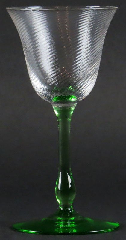 Eleven (11) Steuben Carder Era Crystal Stemware Wine: Eleven (11) Steuben Carder Era Crystal Stemware Wine Glasses with Swirl Pattern and Green Base. Very Small Chip Under Rim on One Glass That Can be Ground or else Good Condition. One Glass Measures 6-1