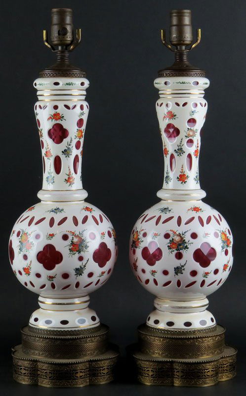 Vintage Pair of Bohemian Art Glass Lamps. Unsigned.: Vintage Pair of Bohemian Art Glass Lamps. Unsigned. Good Condition, No Harps. Measures 22 Inches Tall. Shipping $100.00