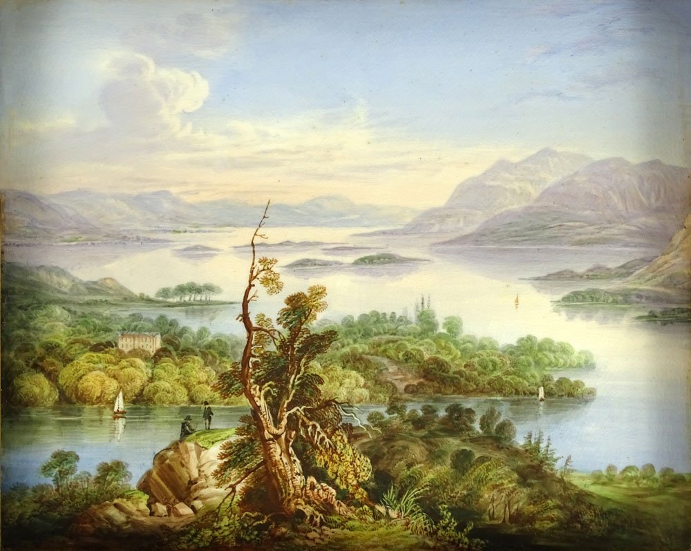 Circa 1860 Scottish Painted Porcelain Plaque "Hazelwood: Circa 1860 Scottish Painted Porcelain Plaque "Hazelwood and Loch Gill". Titled and Artist Signed R. Abbott en verso. Good Condition or Better. Measures 8-1/8 Inches Tall and 9-7/8 Inches Wide, Frame M