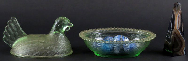 Vintage Chicken Container Together with Agate Glass: Vintage Chicken Container Together with Agate Glass Eggs and Small Agate Obelisk. One Egg Chipped or else Good Condition. Container Measures 5-1/4 Inches Tall and 7 Inches Long. Shipping $22.00