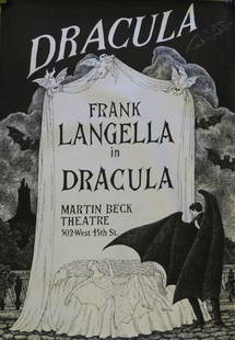 Frank Langella "Dracula" Martin Beck Theatre 302 West: Frank Langella "Dracula" Martin Beck Theatre 302 West 45th Street Poster. Wear Upper Right or else Good Condition. Measures 58 Inches by 41 Inches. Unframed. Ships Rolled Up. Shipping $30.00