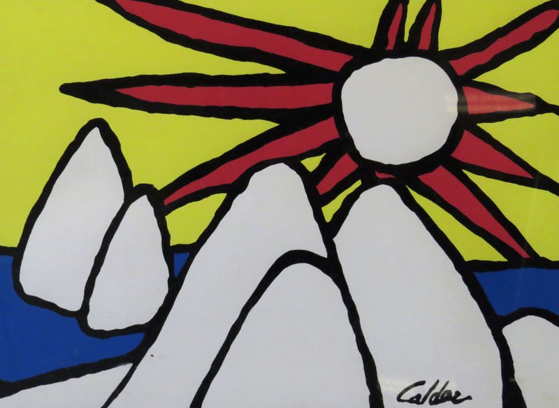 Alexander Calder American (1898-1976) "Untitled" Print.: Alexander Calder American (1898-1976) "Untitled" Print. Signed Lower Right within Block. Gallery Stamp en Verso Quadrangle Galleries, 1855 NE 163rd Street. North Miami Beach, FLA. 33162. Good Conditio