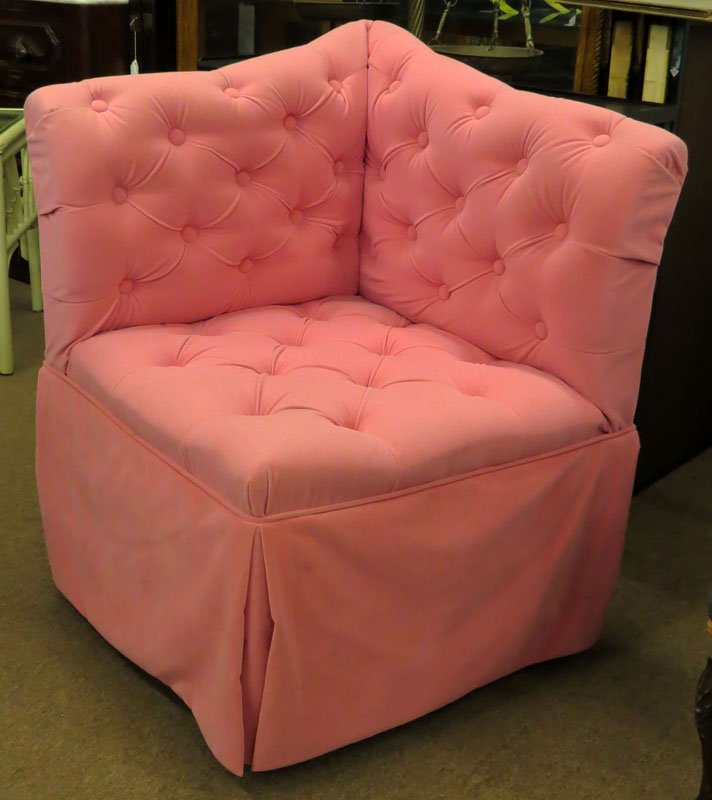 Skyline Furniture Pink Upholstered Tufted Corner Chair.: Skyline Furniture Pink Upholstered Tufted Corner Chair. Unsigned. Wear to Corner, a few Small Stains or else Good Condition. Measures 33-1/2 Inches Tall and 34 Inches Wide. We Will Not Ship This Item