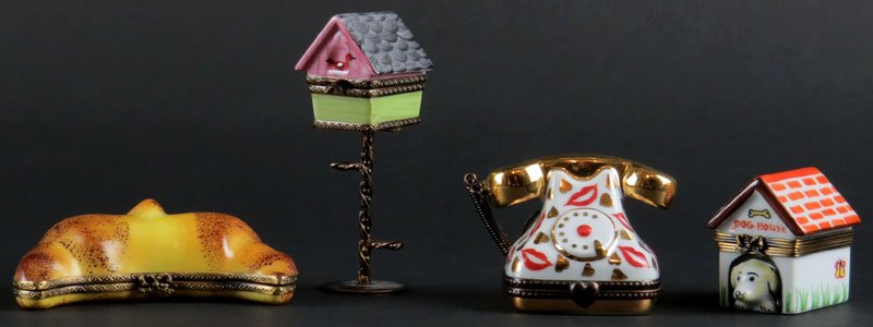 Collection of Four (4) Limoges France Porcelain Figural: Collection of Four (4) Limoges France Porcelain Figural Boxes with Hinged Covers. Good Condition. Tallest Measures 3-1/2 Inches. Shipping $20.00
