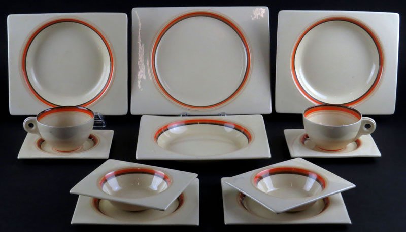 Twelve (12) Clarice Cliff Dinnerware Items in the: Twelve (12) Clarice Cliff Dinnerware Items in the "Biarritz" One (1) with Hairline the Other good Condition or Better. Shipping $50.00