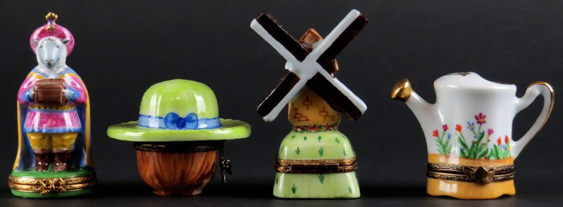 Collection of Four (4) Limoges France Porcelain Figural: Collection of Four (4) Limoges France Porcelain Figural Boxes with Hinged Covers. Good Condition. Tallest Measures 3-1/4 Inches Tall. Shipping $20.00