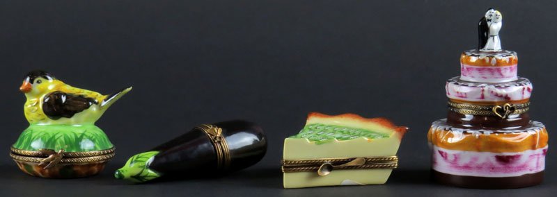 Collection of Four (4) Limoges France Porcelain Figural: Collection of Four (4) Limoges France Porcelain Figural Boxes with Hinged Covers. Good Condition. Cake Measures 3-1/4 Inches Long. Shipping $20.00