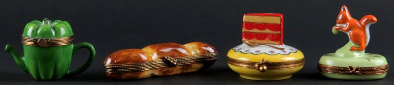 Collection of Four (4) Limoges France Porcelain Figural: Collection of Four (4) Limoges France Porcelain Figural Boxes with Hinged Covers. Good Condition. Cake Measures just Over 2 Inches Long. Shipping $20.00