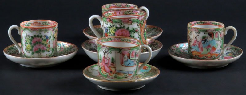Five (5) Assorted Chinese Rose Medallion Demitasse Cups: Five (5) Assorted Chinese Rose Medallion Demitasse Cups with Five (5) Assorted Saucers. Some Chips to Rims and Wear to Paint on Handles or else Good Condition. Largest Cup Measures 2-1/4 Inches Tall. 