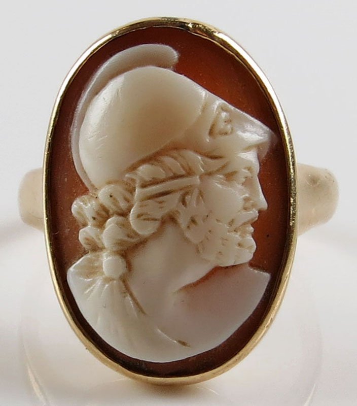 Vintage 14 Karat Yellow Gold and Carved Shell Cameo: Vintage 14 Karat Yellow Gold and Carved Shell Cameo Ladies Ring, Size 8-1/4 to 8-1/2. Signed 14K. Good Condition. Gross Weighs 4.30 Pennyweights. Shipping $20.00
