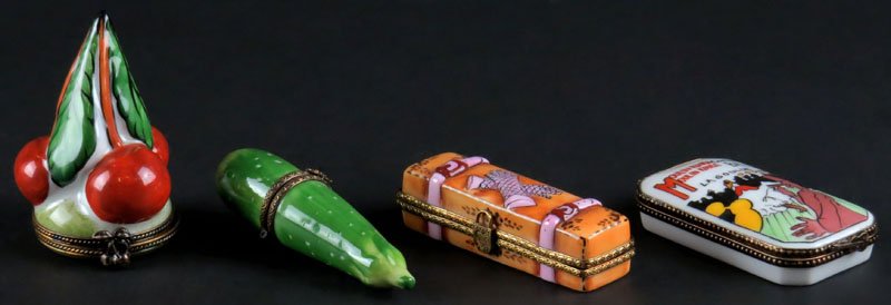 Collection of Four (4) Limoges France Porcelain Figural: Collection of Four (4) Limoges France Porcelain Figural Boxes with Hinged Covers. Signed. Good Condition. Cherry Box Measures 2-3/4 Inches Tall. Shipping $20.00