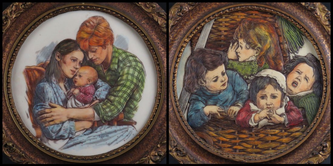 Two (2) Artini Hand Painted Sculptured Four Dimensional: Two (2) Artini Hand Painted Sculptured Four Dimensional Engravings. Signed Label en Verso. Frames Measure 13-3/8 Inches Diameter. Shipping $56.00