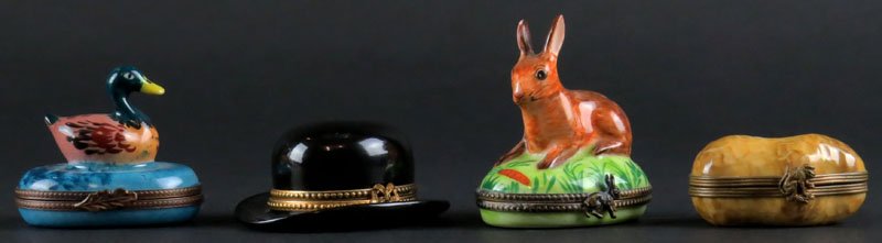 Collection of Four (4) Limoges France Porcelain Figural: Collection of Four (4) Limoges France Porcelain Figural Boxes with Hinged Covers. Signed. Good Condition. Rabbit Box Measures 2-3/4 Inches Tall and 2-1/2 Inches Wide. Shipping $20.00