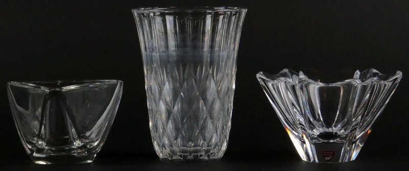 One (1) Orrefors and Two (2) Val St. Lambert Crystal: One (1) Orrefors and Two (2) Val St. Lambert Crystal Items. Signed. Calcium Deposit in Tallest Vase or else Good Condition. Measures 6 Inches. Shipping $25.00