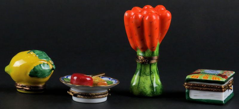 Collection of Four (4) Limoges France Porcelain Figural: Collection of Four (4) Limoges France Porcelain Figural Boxes with Hinged Covers. Good Condition. Carrots Measure 3-1/4 Inches Tall. Shipping $20.00