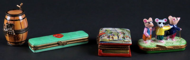 Collection of Four (4) Limoges France Porcelain Figural: Collection of Four (4) Limoges France Porcelain Figural Boxes with Hinged Covers. Signed. Paint Brush Broken or else Good Condition. Colours Box Measures 3-1/2 Inches Long. Shipping $20.00