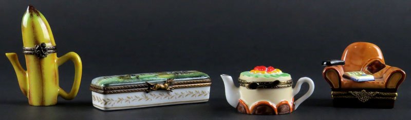Collection of Four (4) Limoges France Porcelain Figural: Collection of Four (4) Limoges France Porcelain Figural Boxes with Hinged Covers. Good Condition. Longest Box Measures 3-3/4 Inches Long. Shipping $20.00