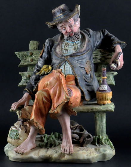 Large Capodimonte Italy Porcelain Hobo On Bench Apr 09 2015