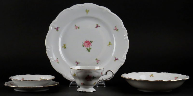 Seventy Two (72) Piece Johann Haviland Bavaria: Seventy Two (72) Piece Johann Haviland Bavaria Porcelain Dinner Service in the "Rose Chintz" Pattern with Gilt Rim Including: 9 Dinner Plates Measuring 10 Inches Diameter, 12 Salad Plates, 8 Bread Pla