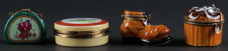 Collection of Four (4) Limoges France Porcelain Figural: Collection of Four (4) Limoges France Porcelain Figural Boxes with Hinged Covers. Signed. Good Condition. Fromage Box Measures 1 Inch Tall and 2-1/4 Inches Wide. Shipping $20.00