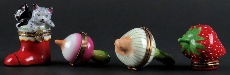 Collection of Four (4) Limoges France Porcelain Figural: Collection of Four (4) Limoges France Porcelain Figural Boxes with Hinged Covers. Signed. Good Condition. Kitten Box Measures 2-1/2 Inches Tall. Shipping $20.00