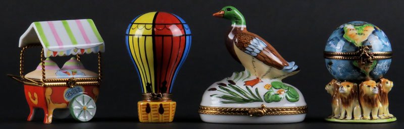 Collection of Four (4) Limoges France Porcelain Figural: Collection of Four (4) Limoges France Porcelain Figural Boxes with Hinged Covers. Signed. Good Condition. Duck Box Measures 4-3/4 Inches Tall and 4 Inches Long. Shipping $20.00