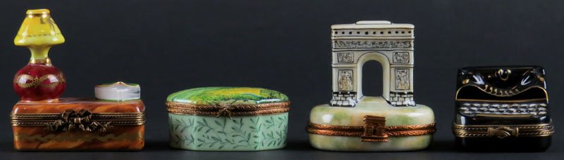 Collection of Four (4) Limoges France Porcelain Figural: Collection of Four (4) Limoges France Porcelain Figural Boxes with Hinged Covers. Signed. Good Condition. Champs-Ã‰lysÃ©es Box Measures 2-3/4 Inches Tall. Shipping $20.00