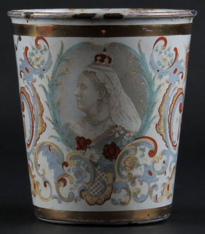 Antique Enameled Metal Queen Victoria Commemorative Cup: Antique Enameled Metal Queen Victoria Commemorative Cup 1837-1897. Some Wear to Enamel Especially around the Rim or else Good Condition. Measures almost 3-7/8 Inches Tall and 3-1/2 Inches Diameter acr