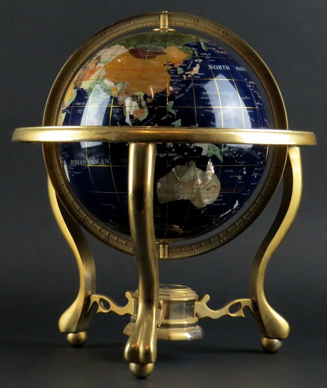 Contemporary Semi Precious Stone Inlay and Bronze: Contemporary Semi Precious Stone Inlay and Bronze Mounted World Globe with Compass. Unsigned. Good Condition. Measures 13-3/4 Inches Tall and 13 Inches Diameter. Shipping $85.00