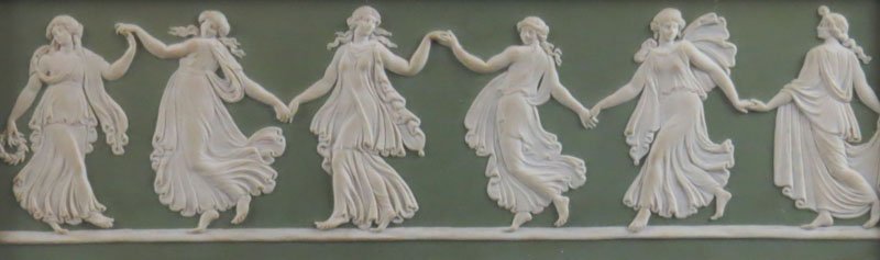 Vintage Framed Wedgwood England Jasperware Sage Green: Vintage Framed Wedgwood England Jasperware Sage Green "Dancing Hours" Plaque. Signed Wedgwood and Dancing Hours. Good Condition. Frame Measures 7 Inches by 13 Inches. Shipping $32.00