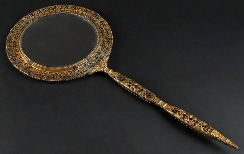 Enameled Bronze Hand Mirror. Unsigned. Good Condition.: Enameled Bronze Hand Mirror. Unsigned. Good Condition. Measures 19-1/2 Inches Tall and 8 Inches Wide. Shipping $25.00