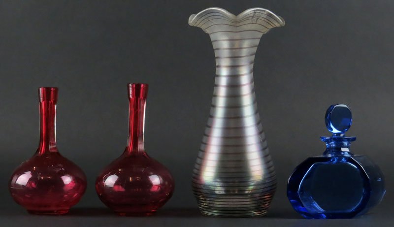 Three (3) Glass Items Including: Blue Perfume Bottle: Three (3) Glass Items Including: Blue Perfume Bottle with Stopper, Hand Blown Art Glass Vase with Swirl Design and Pair of Rose Color Art Glass Vases. Someone Scratched a Signature on the Tall Vase th