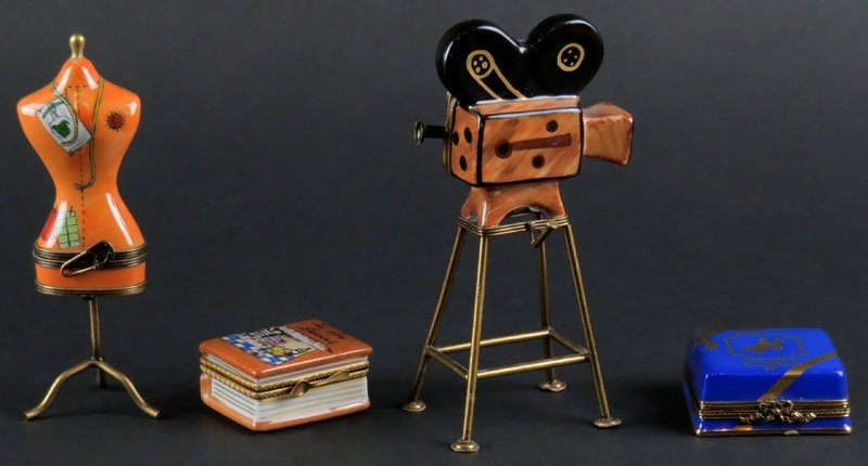 Collection of Four (4) Limoges France Porcelain Figural: Collection of Four (4) Limoges France Porcelain Figural Boxes with Hinged Covers. Signed. Good Condition. Film Camera Box Measures 5-1/2 Inches Tall. Shipping $20.00