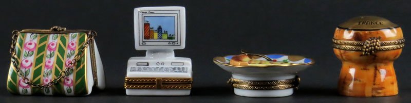 Collection of Four (4) Limoges France Porcelain Figural: Collection of Four (4) Limoges France Porcelain Figural Boxes with Hinged Covers. Signed. Good Condition. Champagne Box Measures 1-1/2 Inches Tall. Shipping $20.00